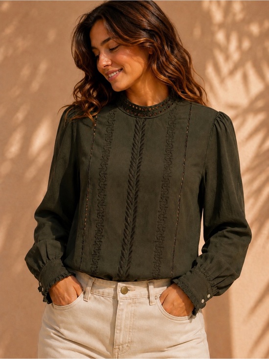 LOFT Tops - LOFT Olive Green Embroidered Long-Sleeve Blouse